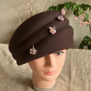 Elegant Brown Wool Hat with Pink Crystal Embellishments